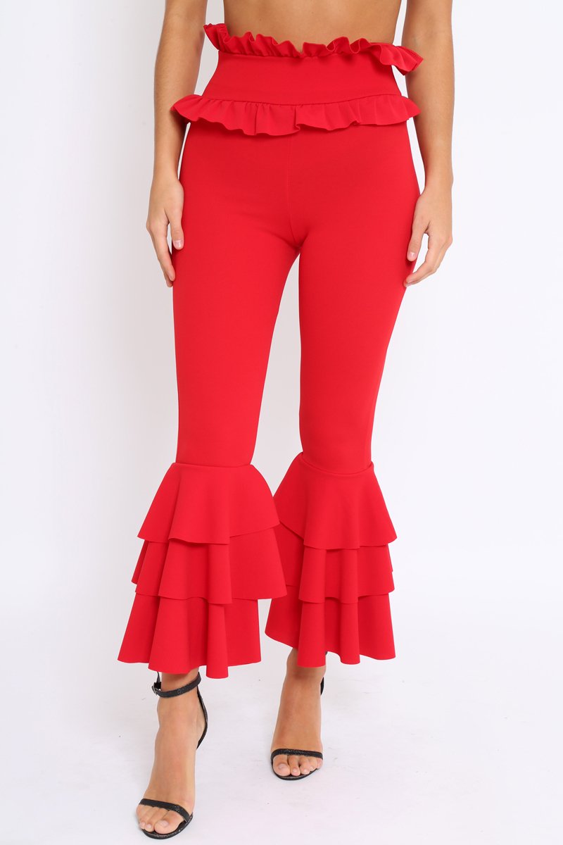 Red Frill Hem Triple Tiered Frill Hem Trousers - Karla-Trousers