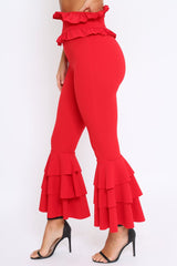 Red Frill Hem Triple Tiered Frill Hem Trousers - Karla-Trousers