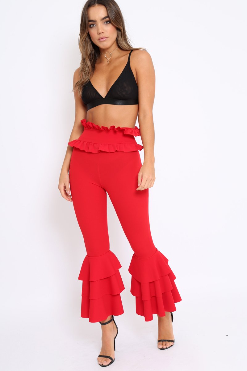 Red Frill Hem Triple Tiered Frill Hem Trousers - Karla-Trousers