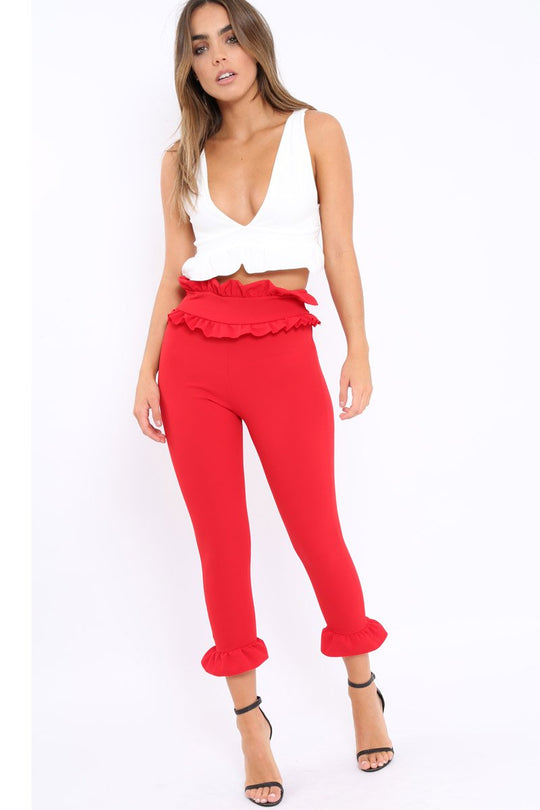 Red Frill Hem Trousers - Paisley