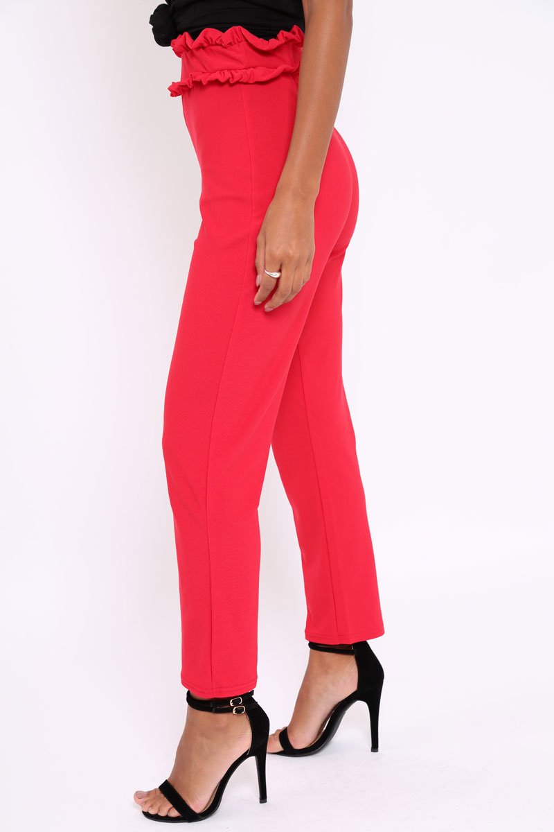 Red Frill Hem Wide Legged Trousers - Megan-Trousers