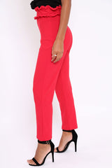 Red Frill Hem Wide Legged Trousers - Megan-Trousers