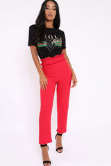 Red Frill Hem Wide Legged Trousers - Megan-Trousers
