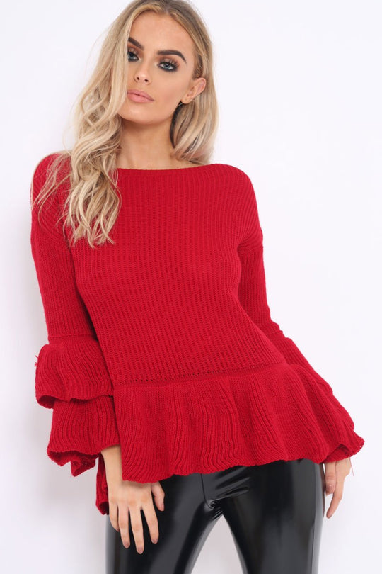Red Frill Hem and Sleeve Jumper - Imogen