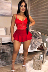 Red Frill High Waisted Shorts - Claudelle-Shorts