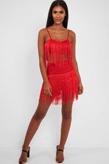 Red Fringe Crop Top Shorts Co-Ord - Lylith-Co-ords
