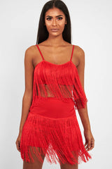 Red Fringe Crop Top Shorts Co-Ord - Lylith-Co-ords