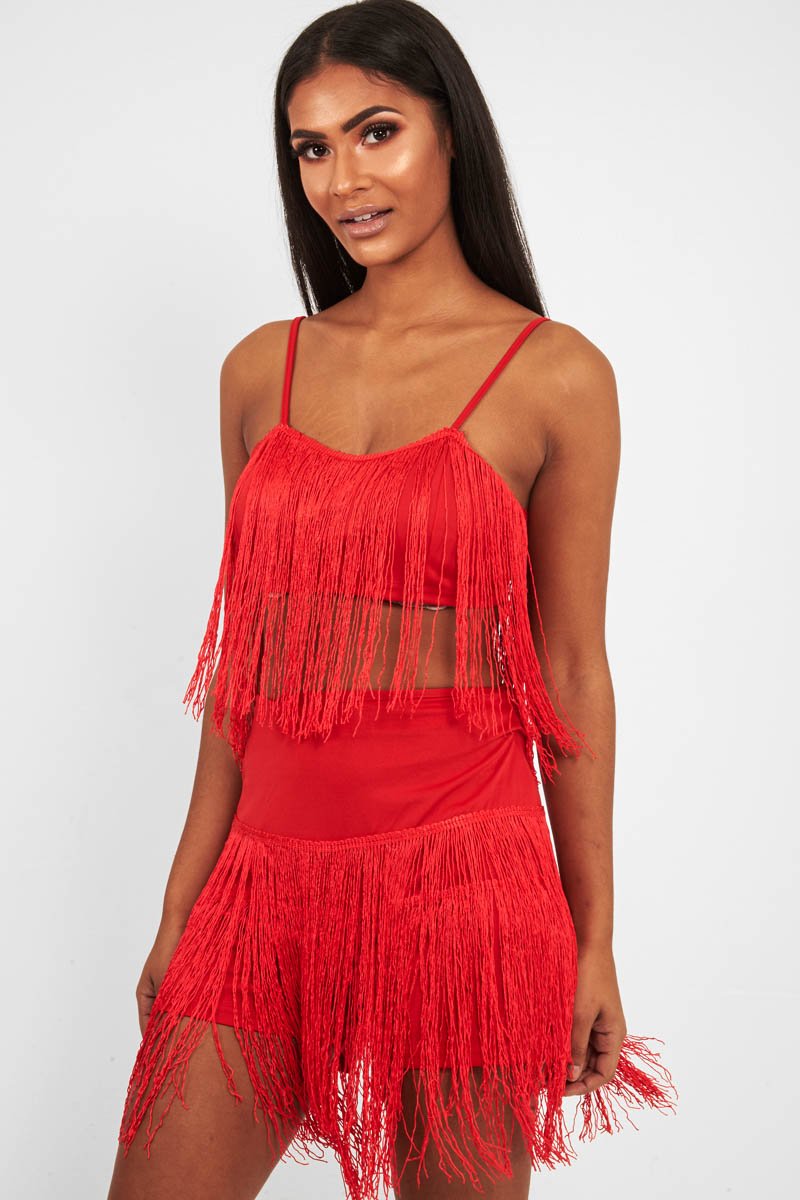 Red Fringe Crop Top Shorts Co-Ord - Lylith-Co-ords