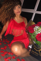 Red Fringe Crop Top Shorts Co-Ord - Lylith-Co-ords