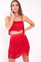 Red Fringe Crop Top Skirt Co-Ord - Lyela-Co-ords