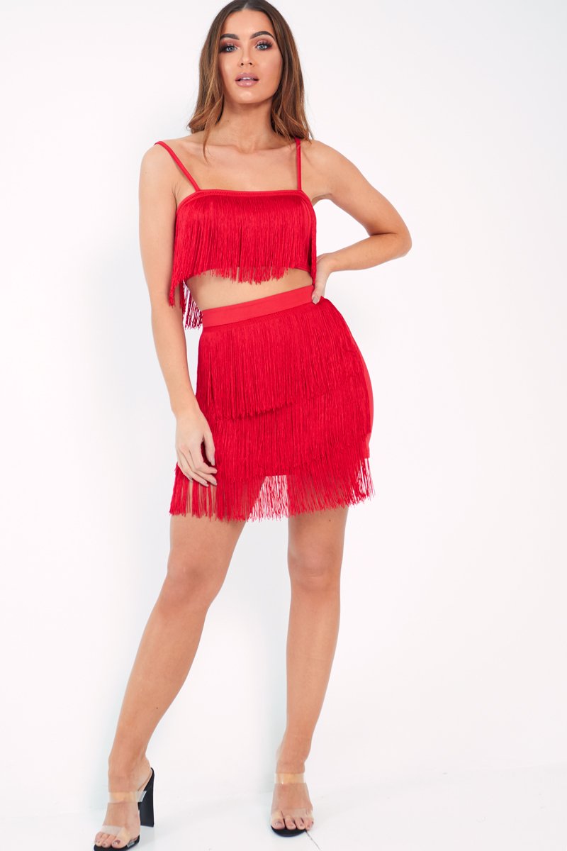 Red Fringe Crop Top Skirt Co-Ord - Lyela-Co-ords