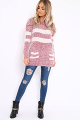 Red Fur Knit Wide Stripe Jumper Dress - Keeley-Jumper