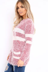 Red Fur Knit Wide Stripe Jumper Dress - Keeley-Jumper