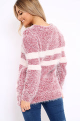 Red Fur Knit Wide Stripe Jumper Dress - Keeley-Jumper