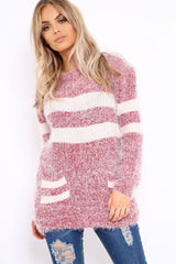 Red Fur Knit Wide Stripe Jumper Dress - Keeley-Jumper