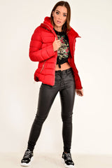 Red Fur Lined Ring Pull Puffer Coat - Riko-Coats