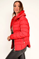 Red Fur Lined Ring Pull Puffer Coat - Riko-Coats