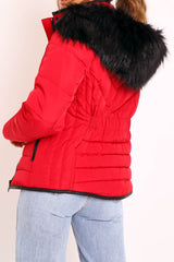 Red Fur Trim Quilted Puffer Coat - Lania-Coats