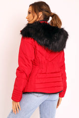 Red Fur Trim Quilted Puffer Coat - Lania-Coats