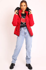 Red Fur Trim Quilted Puffer Coat - Lania-Coats