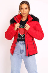 Red Fur Trim Quilted Puffer Coat - Lania-Coats