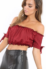 Red Gingham Ruched Bardot Gypsy Crop Top - Janette-Crop Tops