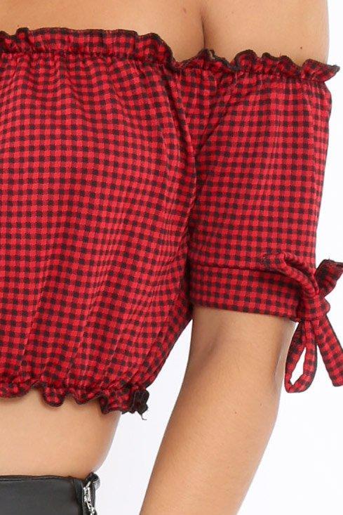 Red Gingham Ruched Bardot Gypsy Crop Top - Janette-Crop Tops