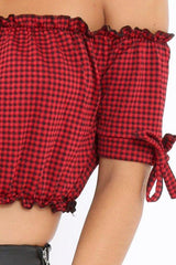 Red Gingham Ruched Bardot Gypsy Crop Top - Janette-Crop Tops