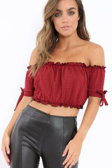 Red Gingham Ruched Bardot Gypsy Crop Top - Janette-Crop Tops