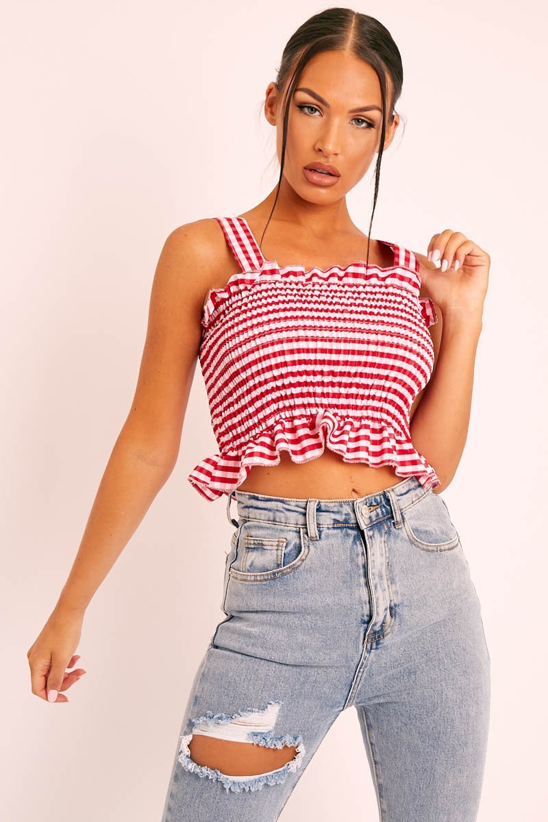 Red Gingham Shirred Crop Top - Eava-Tops