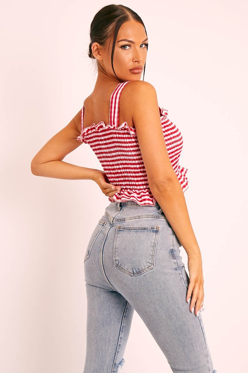Red Gingham Shirred Crop Top - Eava-Tops