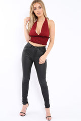 Red Gingham Shirred Halter Neck Crop Top - Josie-Crop Tops