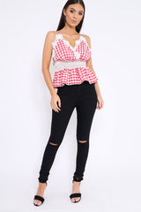 Red Gingham and Lace Cami Crop Top - Eboni-Tops