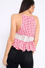 Red Gingham and Lace Cami Crop Top - Eboni-Tops