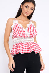 Red Gingham and Lace Cami Crop Top - Eboni-Tops