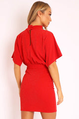 Red Glitter Batwing Sleeve Belted Dress - Florene-Dresses