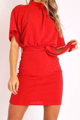 Red Glitter Batwing Sleeve Belted Dress - Florene-Dresses