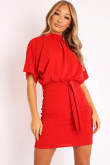 Red Glitter Batwing Sleeve Belted Dress - Florene-Dresses
