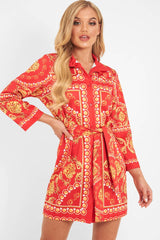Red Gold Chain Print Belted Shirt Dress - Estie-Dresses
