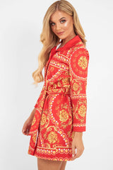 Red Gold Chain Print Belted Shirt Dress - Estie-Dresses