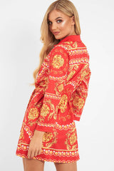 Red Gold Chain Print Belted Shirt Dress - Estie-Dresses