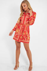 Red Gold Chain Print Belted Shirt Dress - Estie-Dresses