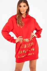 Red Gold New York Slogan Hoodie Dress - Sophira-Dresses
