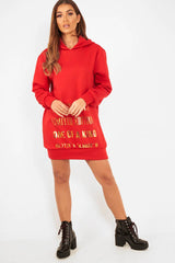 Red Gold New York Slogan Hoodie Dress - Sophira-Dresses