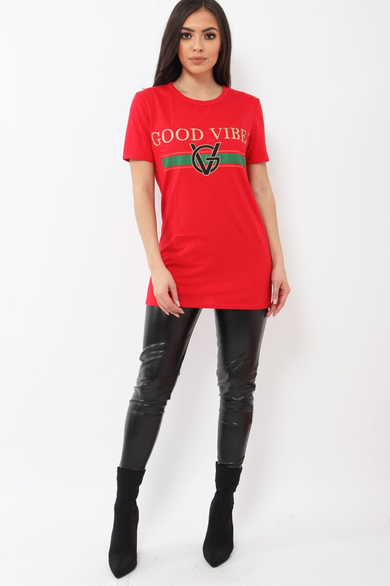 Red Good Vibes Slogan T-shirt - Tayla-Tops