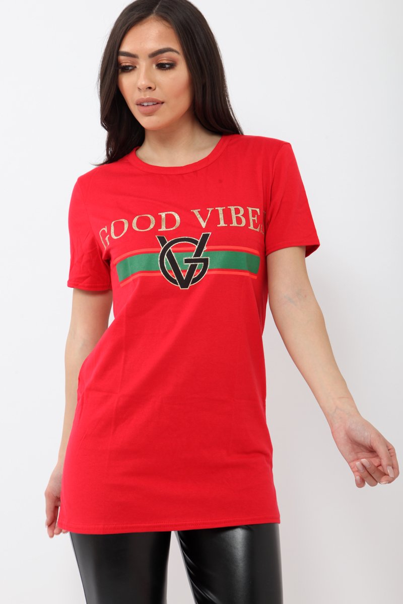 Red Good Vibes Slogan T-shirt - Tayla-Tops