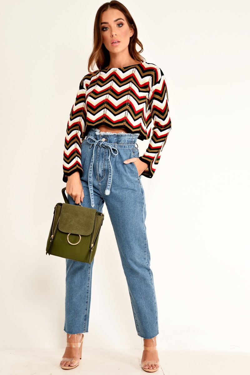 Red Green Chevron Knit Crop Jumper - Stevi-Crop Jumper