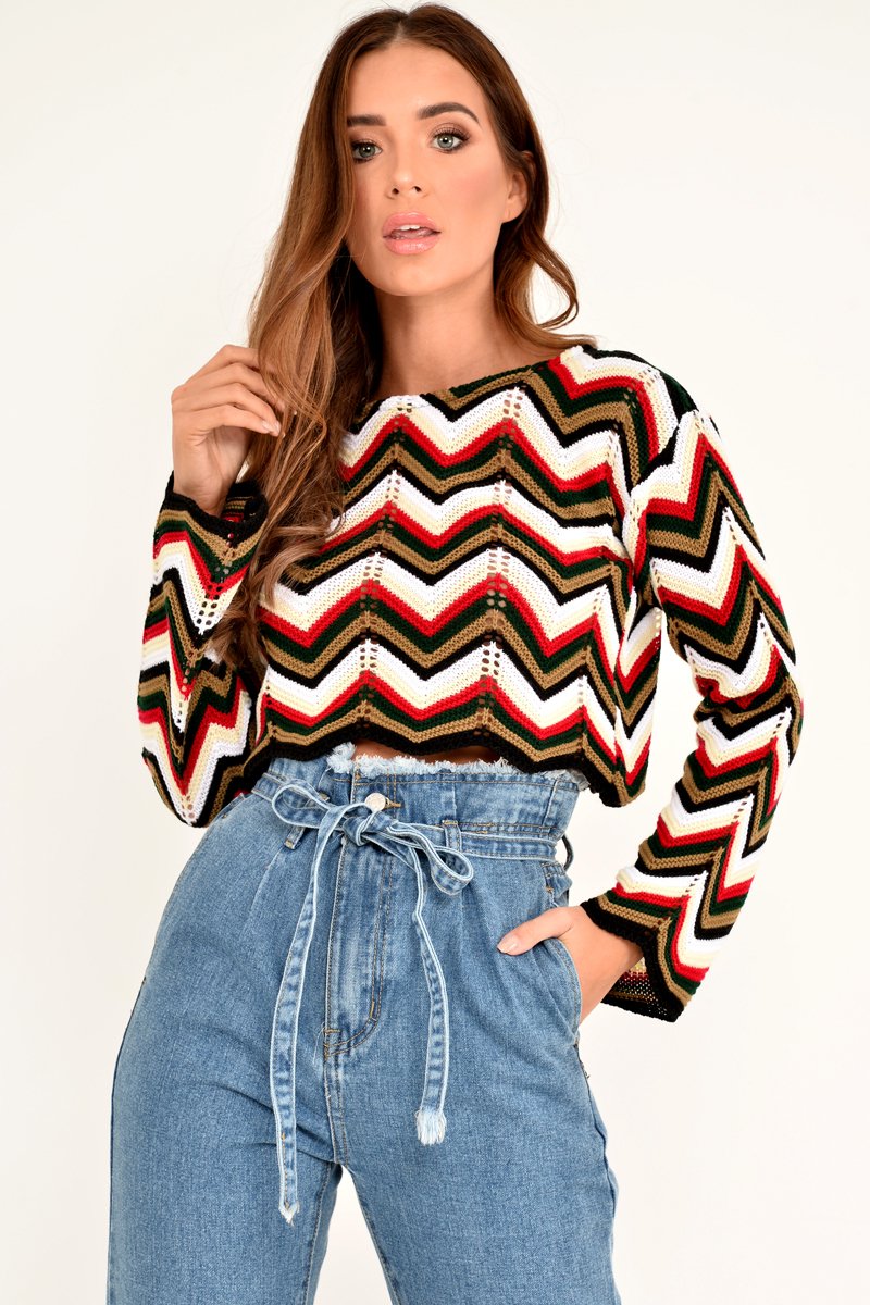 Red Green Chevron Knit Crop Jumper - Stevi-Crop Jumper
