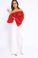 Red Gypsy Bardot Crop Top with Key Hole Tie Front - Kaitlin-Crop Tops