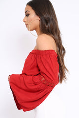 Red Gypsy Bardot Crop Top with Key Hole Tie Front - Kaitlin-Crop Tops